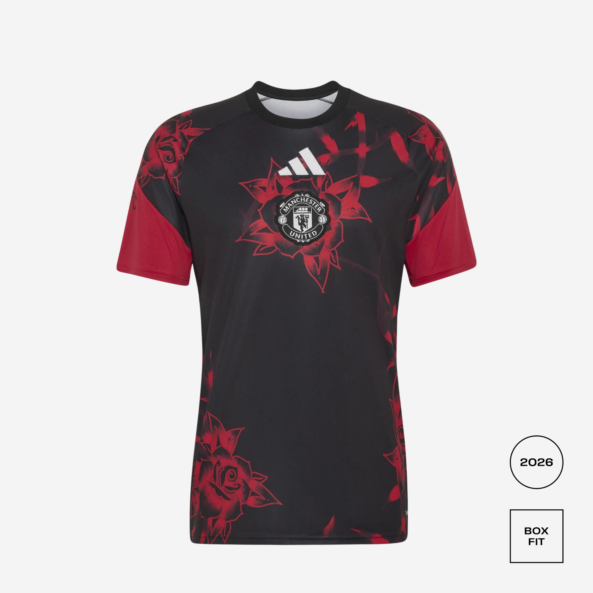 Manchester United 2026/27 pre match shirt, red and white, front view on background