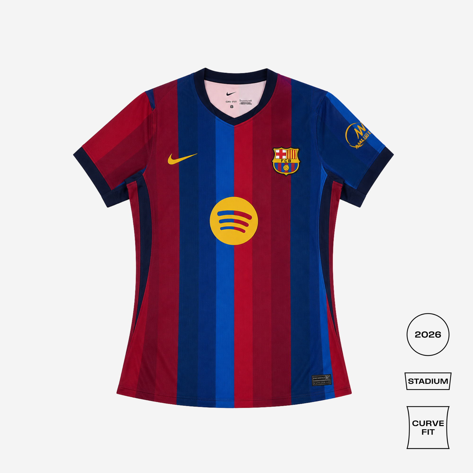 FC Barcelona 2026 Stadium home soccer jersey in a curved fit, featuring vertical red and blue stripes, a yellow Nike swoosh, and the club crest on the chest, shown against a light gray background with feature callouts on the right.