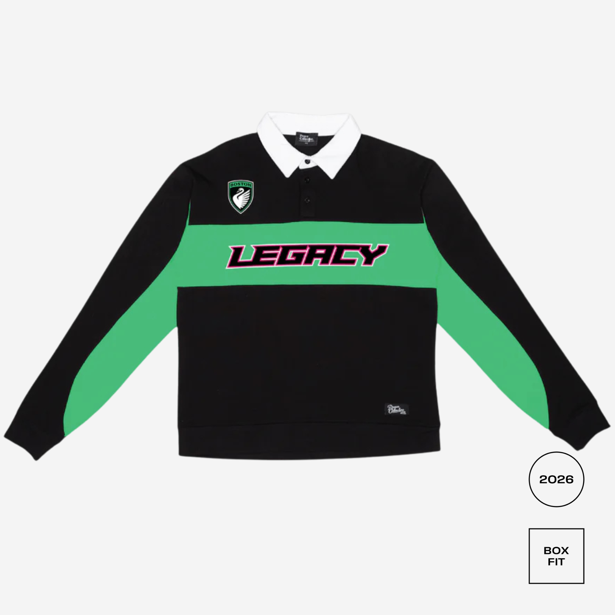 Black and green long-sleeve shirt with 'Legacy' branding on a white background
