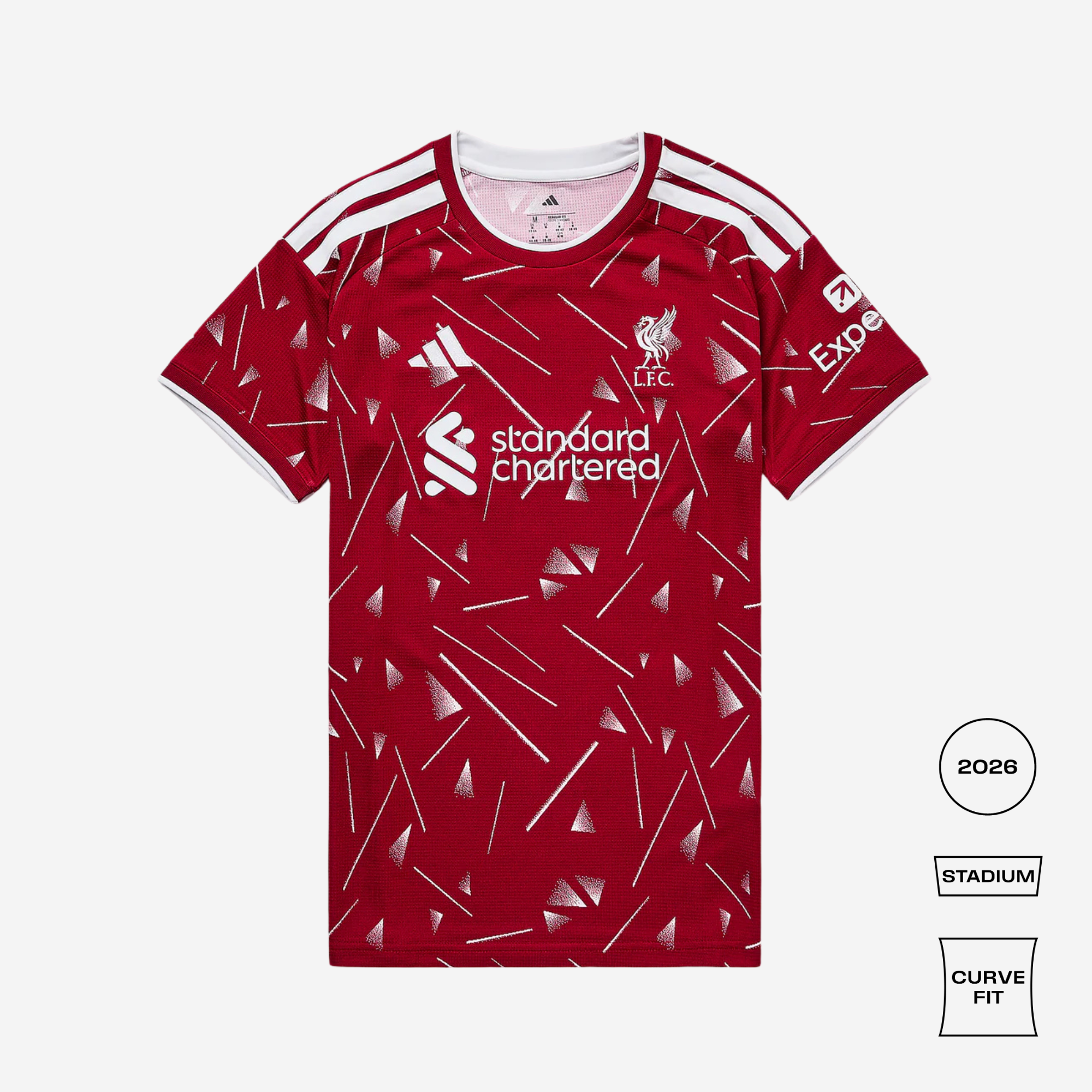 Red sports jersey with white patterns and branding on a white background