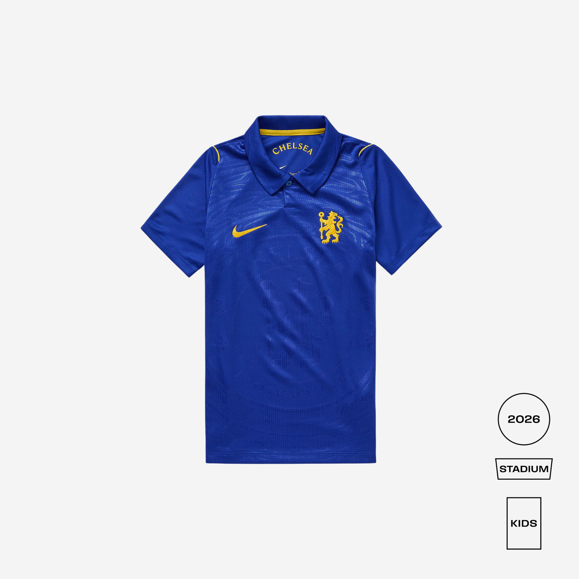Blue polo shirt with yellow accents and a logo on a white background
