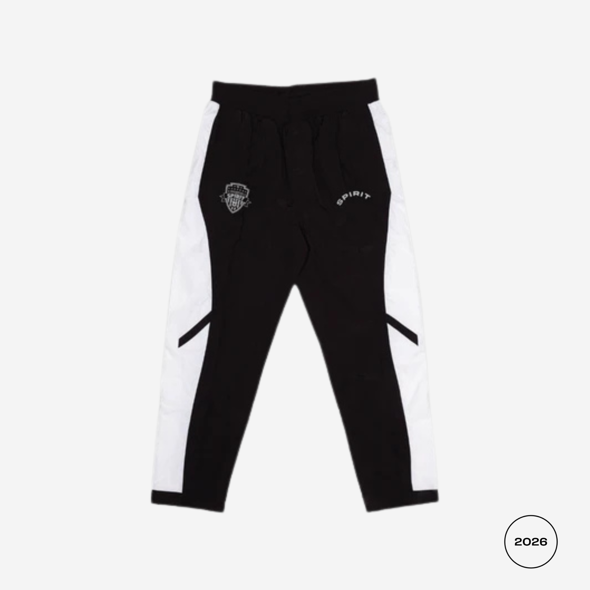 Black and white pants with a logo on a light gray background