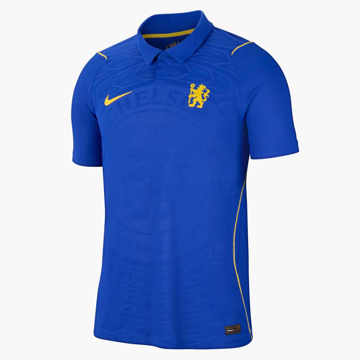 Blue sports jersey with Nike logo and Chelsea FC emblem on a white background