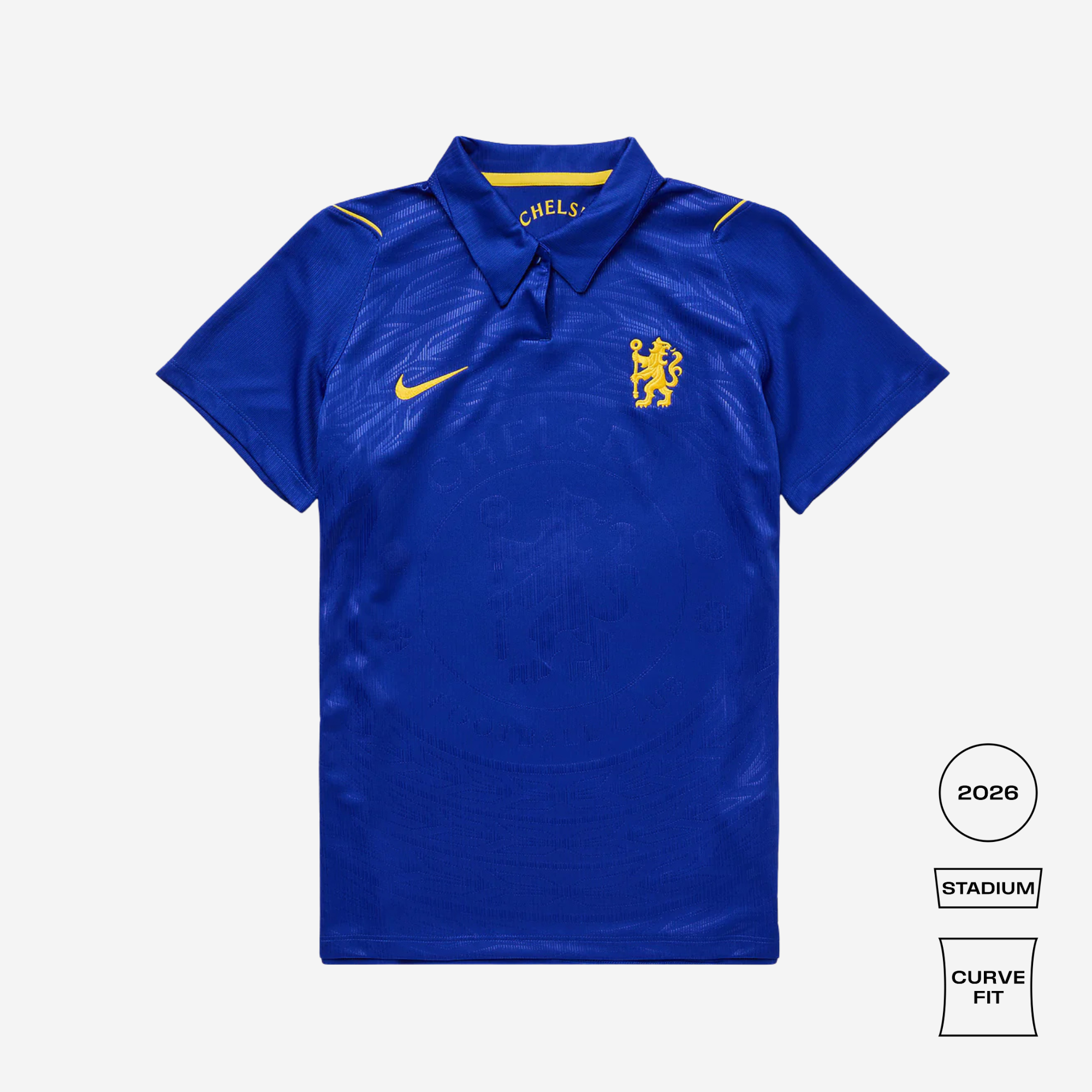 Blue sports jersey with yellow accents and a logo on a white background