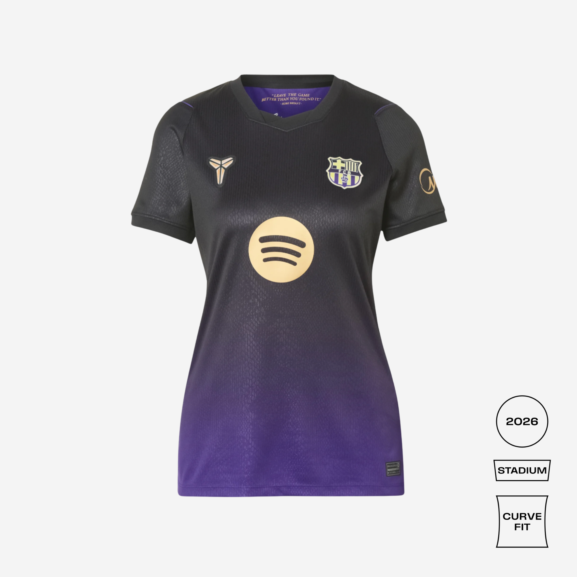 A short-sleeve FC Barcelona soccer jersey with a black-to-purple gradient design, featuring the club crest, a gold Nike logo, and a large gold Spotify logo on the front. The image is set against a light gray background with fit and edition badges on the bottom right.