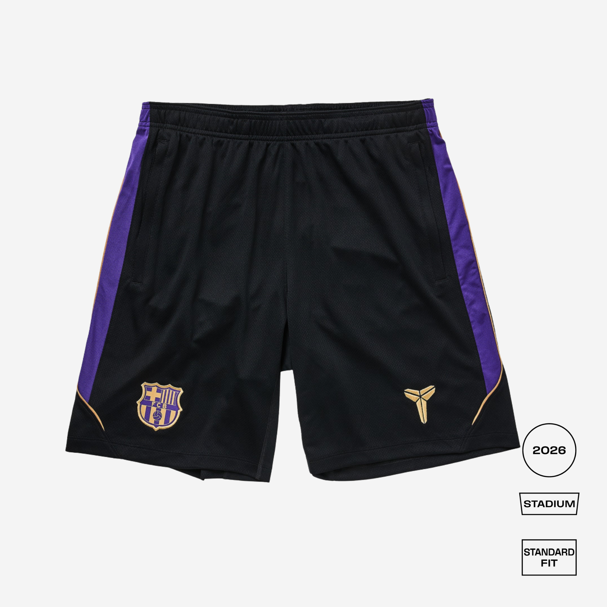 Black athletic shorts with purple side panels, featuring the FC Barcelona crest on the left leg and a gold logo on the right leg, shown against a light gray background with product details in the bottom right corner.