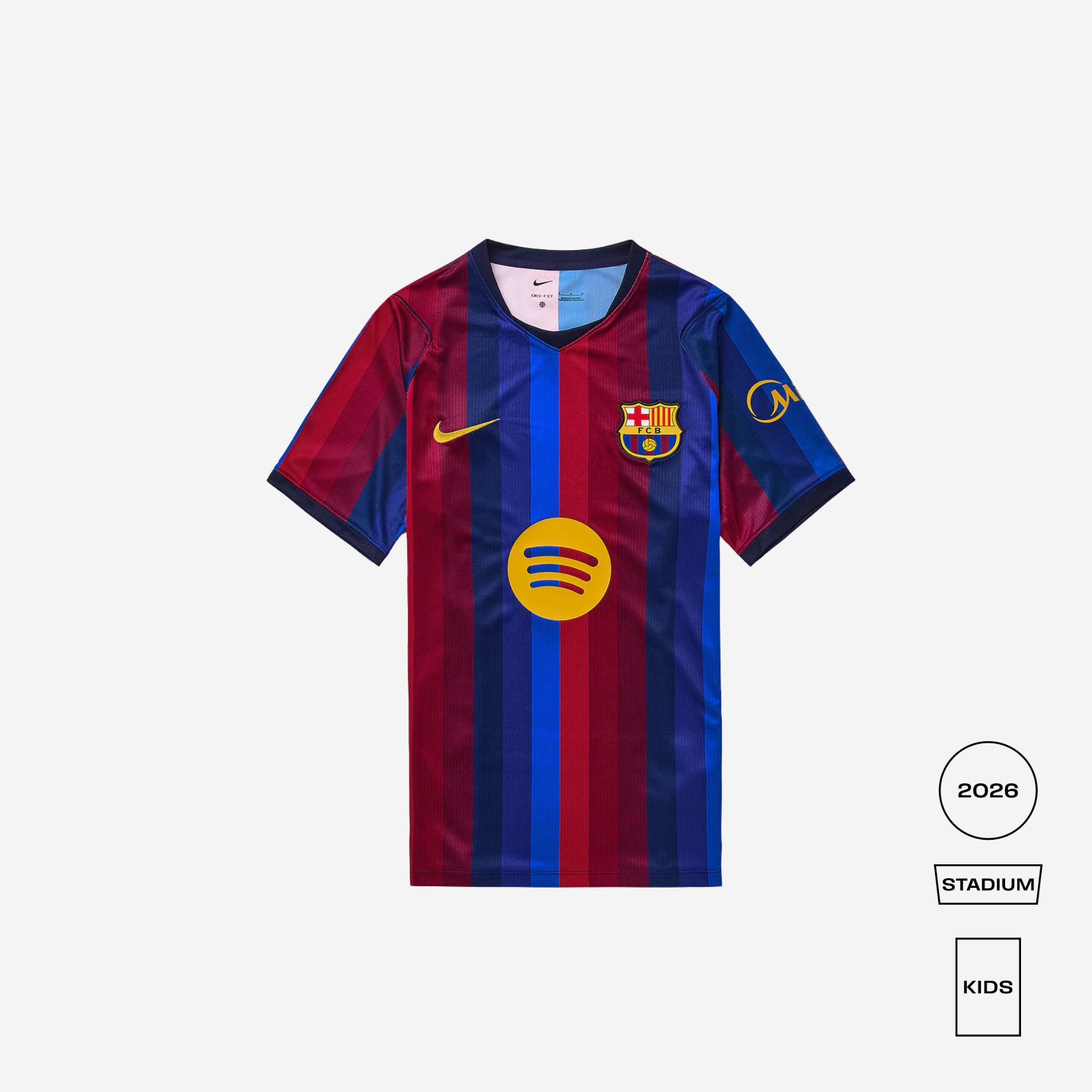 A Nike FC Barcelona home soccer jersey for kids, featuring the club's iconic blue and red vertical stripes, a yellow Nike swoosh, and a large yellow Spotify sponsor logo on the front. The jersey is displayed flat against a light gray background with product variant badges on the bottom right.