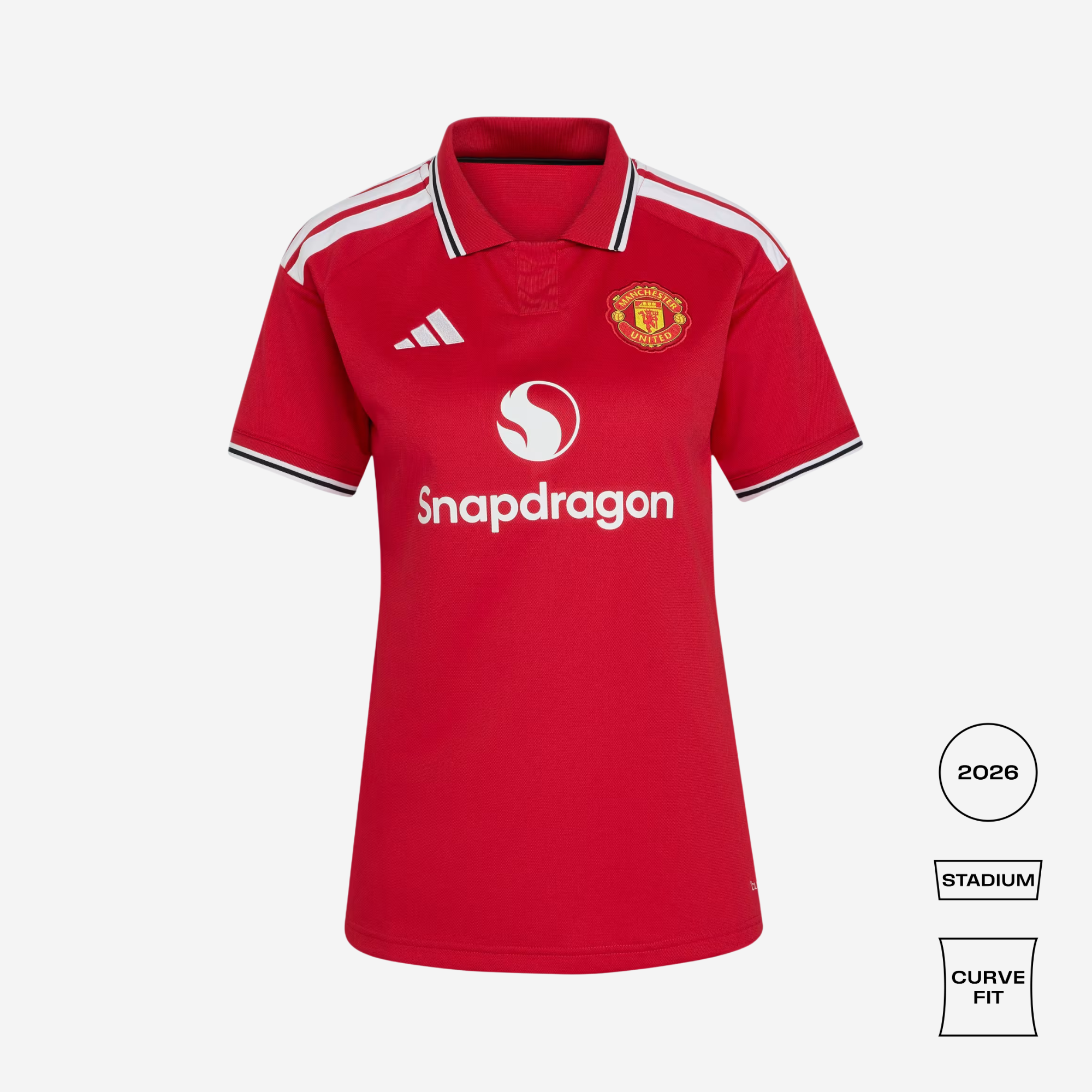 manchester united 2026/27 home shirt, red and white, front view on background