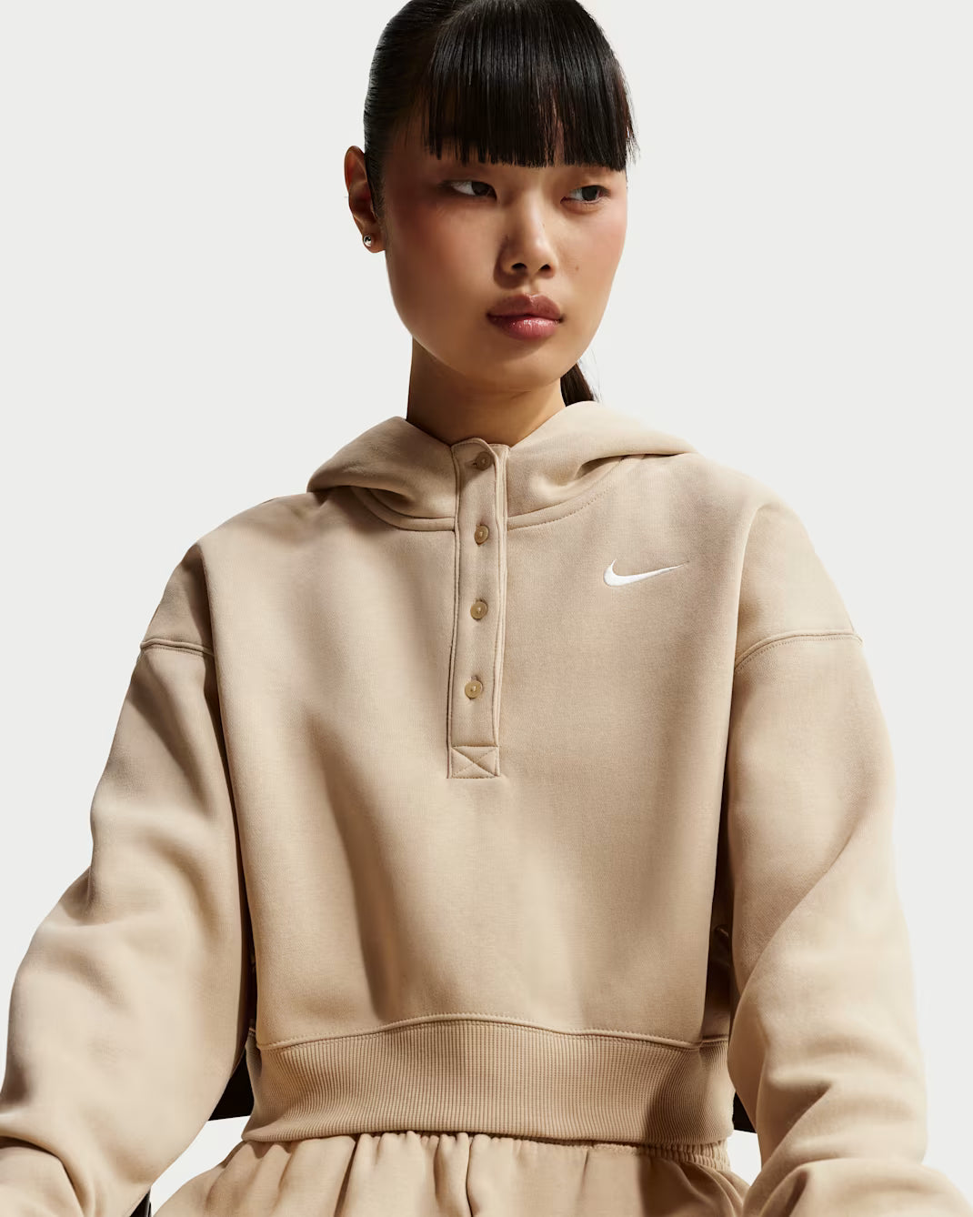 Womens Sportswear Phoenix Fleece Oversized Cropped Henley Hoodie - Brown