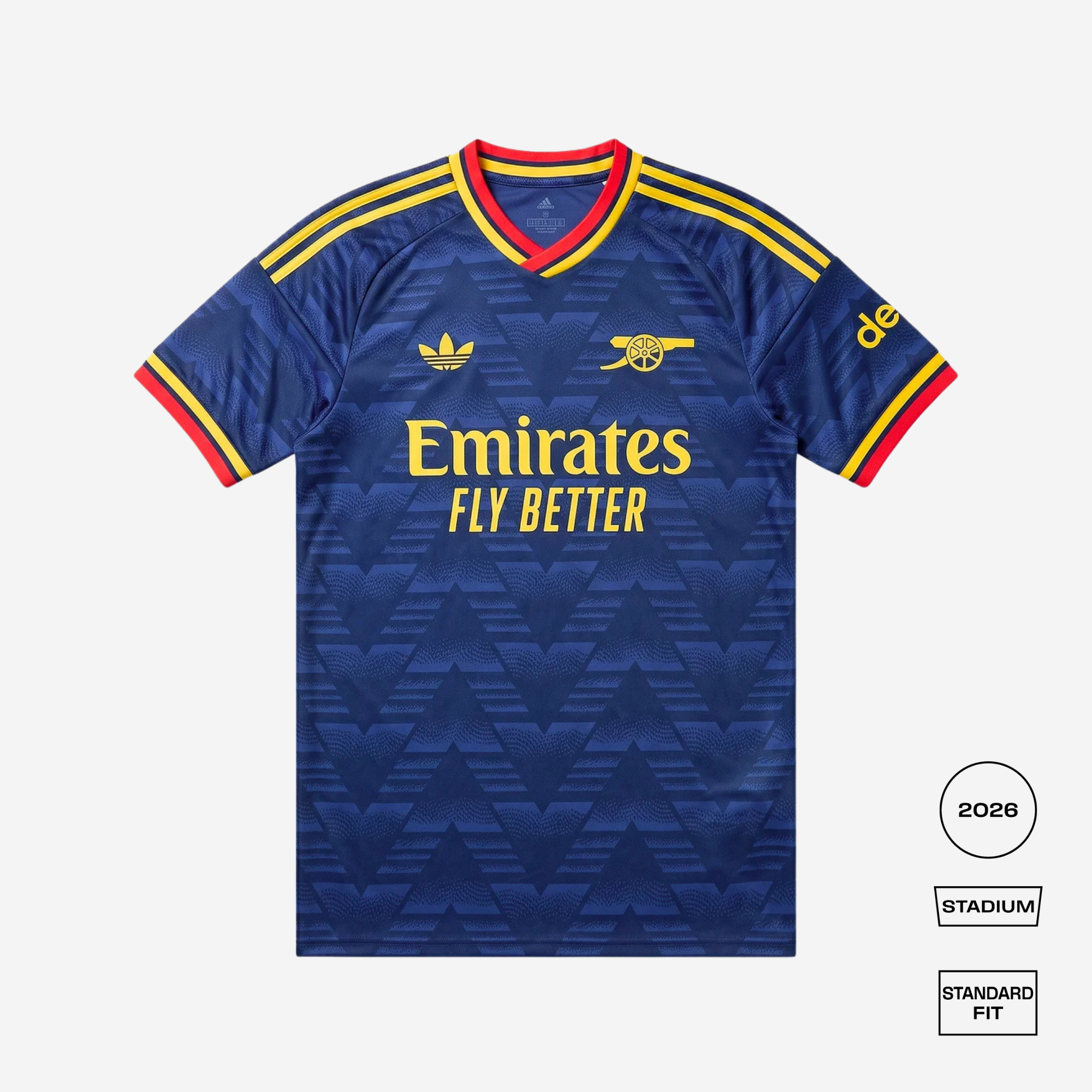 A blue Arsenal football jersey with yellow and red accents, featuring the Adidas logo, Arsenal cannon crest, and Emirates Fly Better sponsor text. The image is set against a light gray background with informational badges on the bottom right.