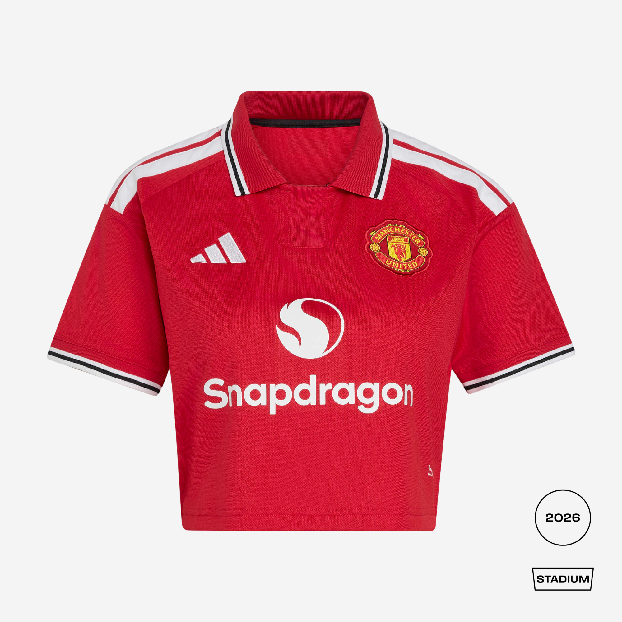 manchester united 2026/27 home shirt cropped, red and white, front view on background