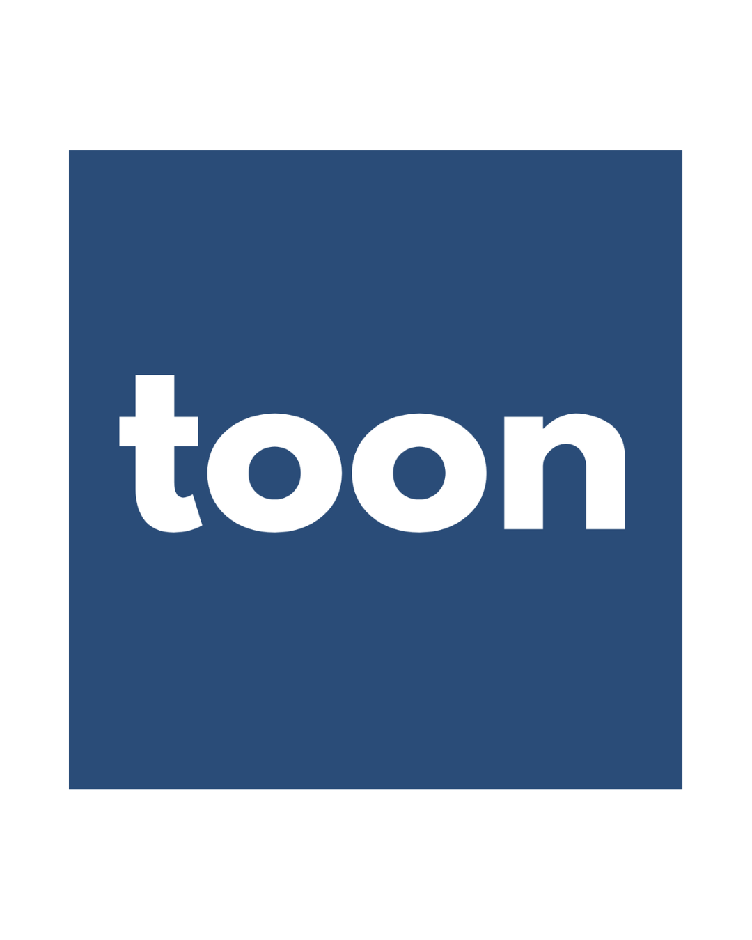 A square blue logo card with the word 'toon' in white lowercase letters, centered on a light gray background.