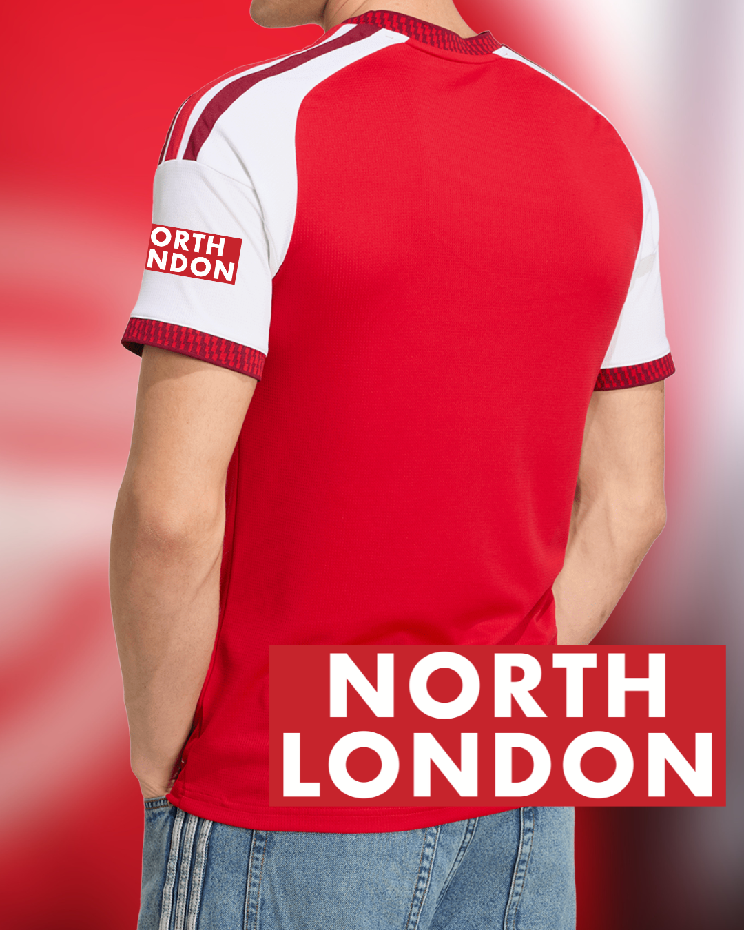 A man wearing a red and white short-sleeve sports jersey, shown from the back. The jersey has white shoulder panels, red shoulder stripes, ribbed red cuffs, and a red rectangular patch on the left sleeve with white text reading NORTH LONDON.