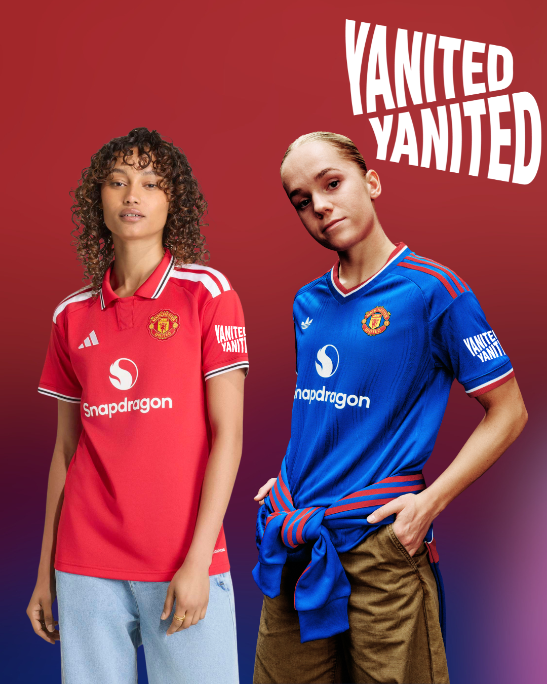 Two models wearing Manchester United football jerseys, one in red and one in blue, with 'YANITED' branding on the sleeves, set against a red-to-purple gradient background.